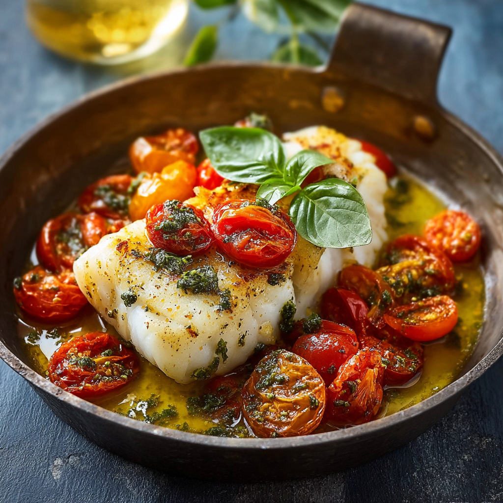 Pan-Seared Cod in White Wine, Tomato & Basil