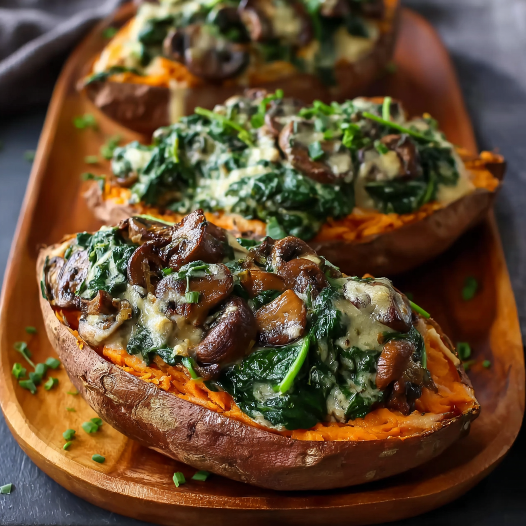 Creamy Mushroom and Spinach Stuffed Sweet Potatoes 🍠🍄🥬 (Healthy, Cozy & Flavor-Packed)